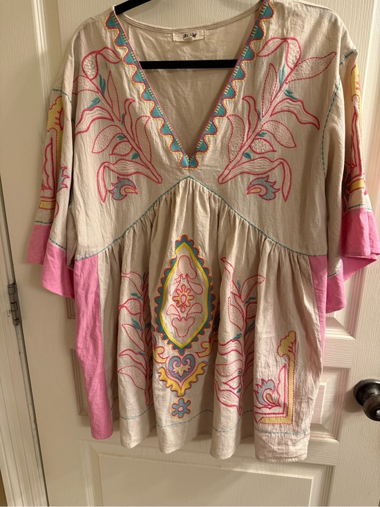 Dresses & Skirts - Boho Embroidered V-Neck Tunic in Cream with Pink Accents